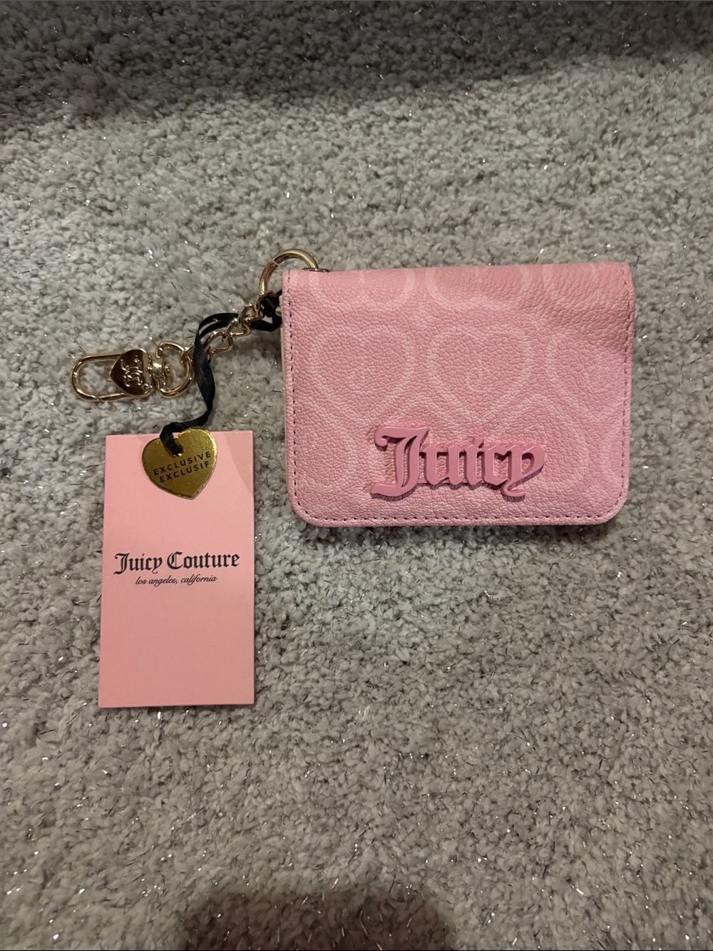 Juicy Couture Pink Heart Jacquard Card Holder with Gold Keychain